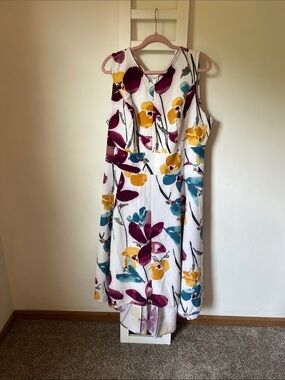 Floral Sleeveless V-Neck Midi Dress in White with Yellow, Teal, and Plum